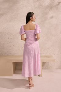 Loretta Padded Sweetheart Puff Sleeves Ruched Midaxi Dress in Cupcake Pink