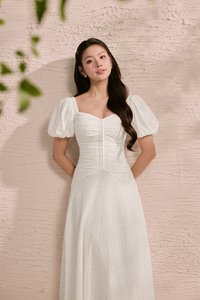 Loretta Padded Sweetheart Puff Sleeves Ruched Midaxi Dress in Iconic White