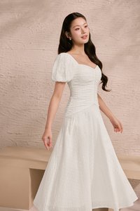 Loretta Padded Sweetheart Puff Sleeves Ruched Midaxi Dress in Iconic White