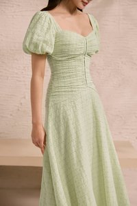 Loretta Padded Sweetheart Puff Sleeves Ruched Midaxi Dress in Spring Fern