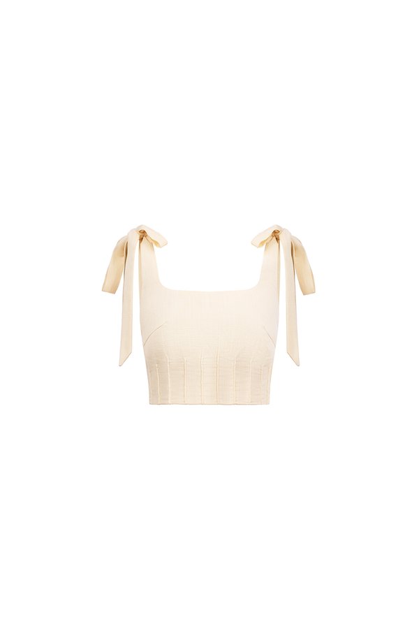 Beth Padded Removable Ribbon Pintuck Crop Top in Buttercream