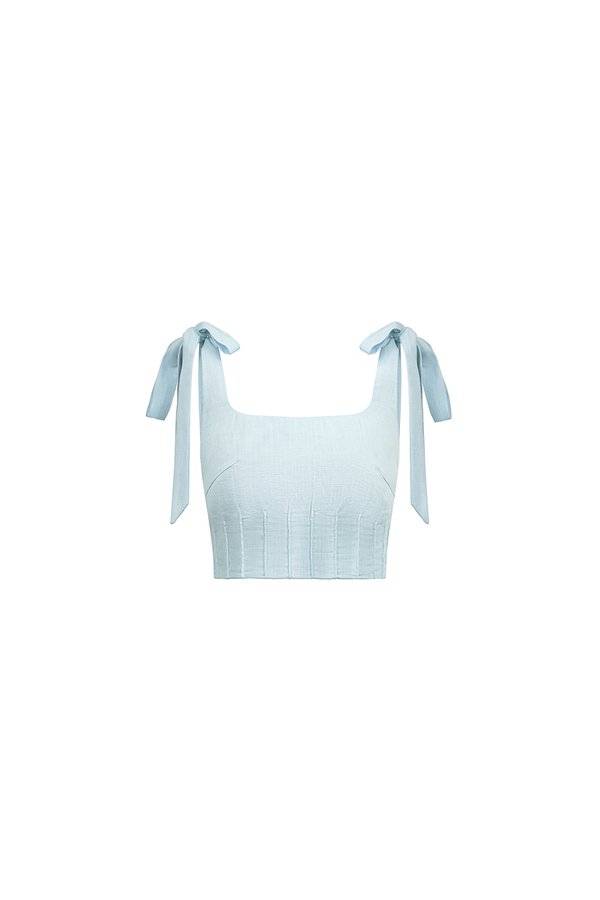 Beth Padded Removable Ribbon Pintuck Crop Top in Tiffany Blue