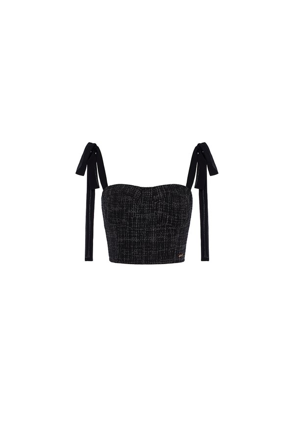 Estelle Tweed Bustier Top with Ribbon Straps in Black