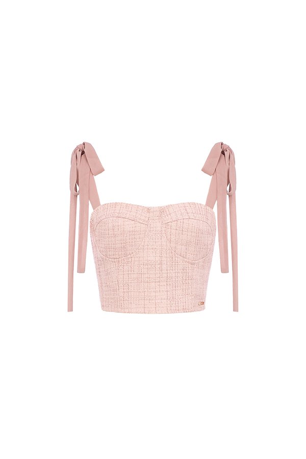 Estelle Tweed Bustier Top with Ribbon Straps in Tea Rose