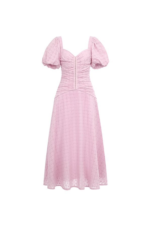 Loretta Padded Sweetheart Puff Sleeves Ruched Midaxi Dress in Cupcake Pink