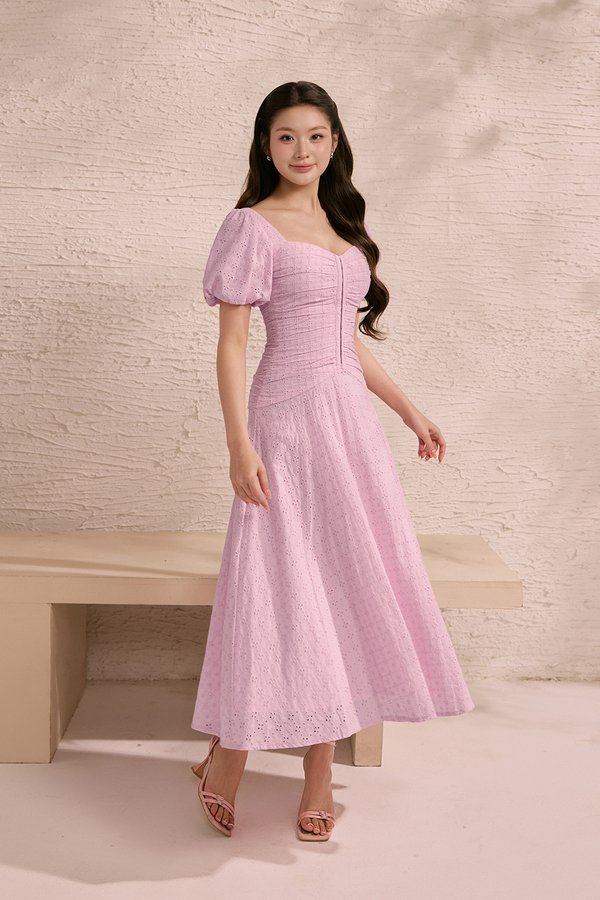 Loretta Padded Sweetheart Puff Sleeves Ruched Midaxi Dress in Cupcake Pink
