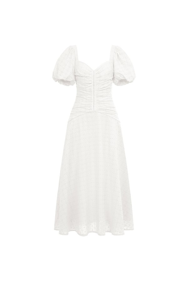 Loretta Padded Sweetheart Puff Sleeves Ruched Midaxi Dress in Iconic White