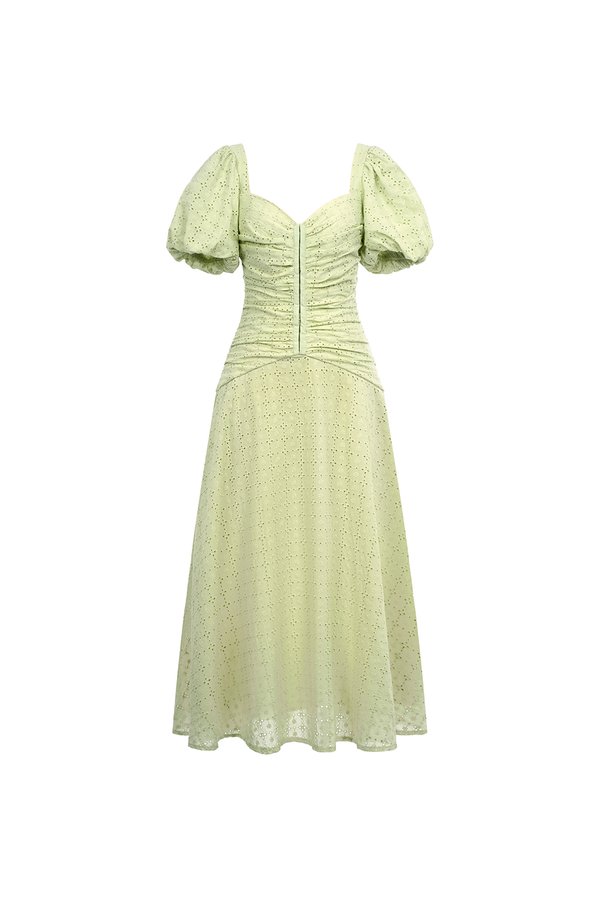 Loretta Padded Sweetheart Puff Sleeves Ruched Midaxi Dress in Spring Fern