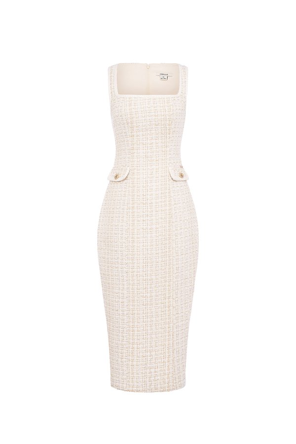Tressa Padded Square Neck Midi Dress in Cream