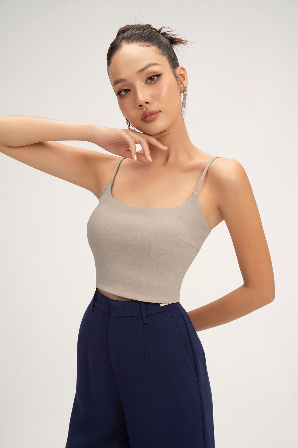 Clea Spaghetti Padded Crop Top in Stone