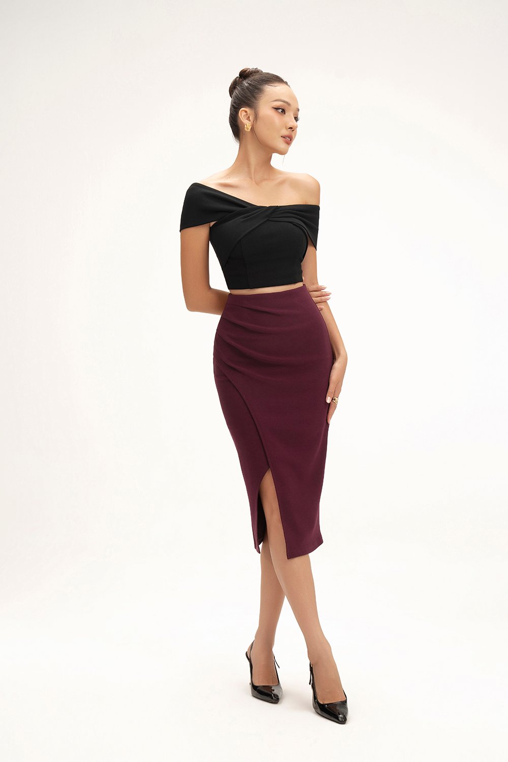 Edna Asymmetrical Ruched Pencil Skirt in Burgundy