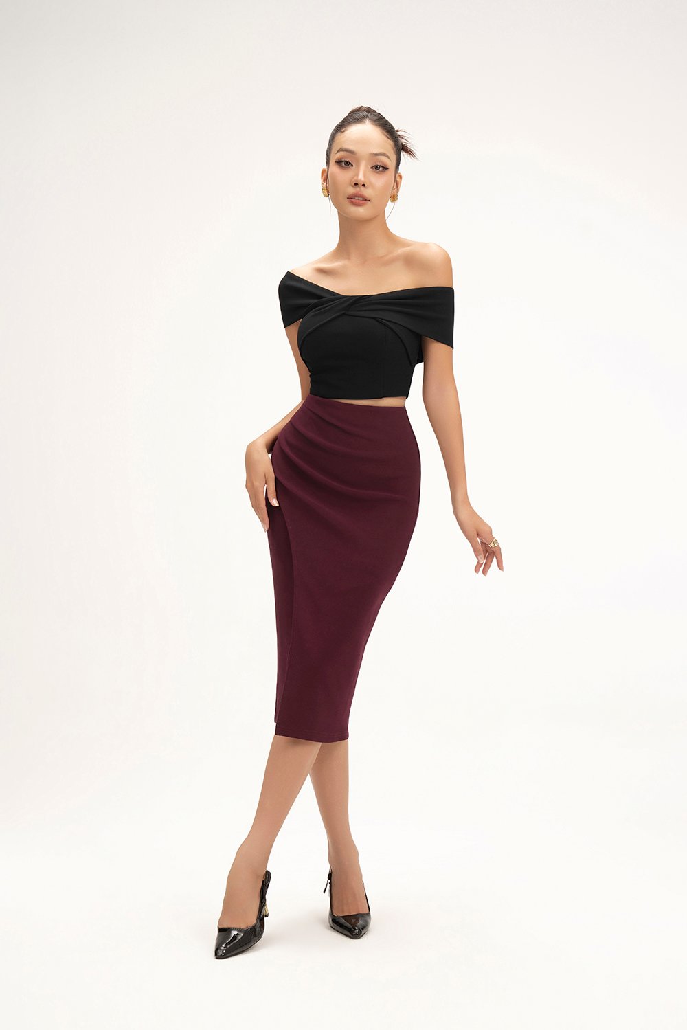 Edna Asymmetrical Ruched Pencil Skirt in Burgundy