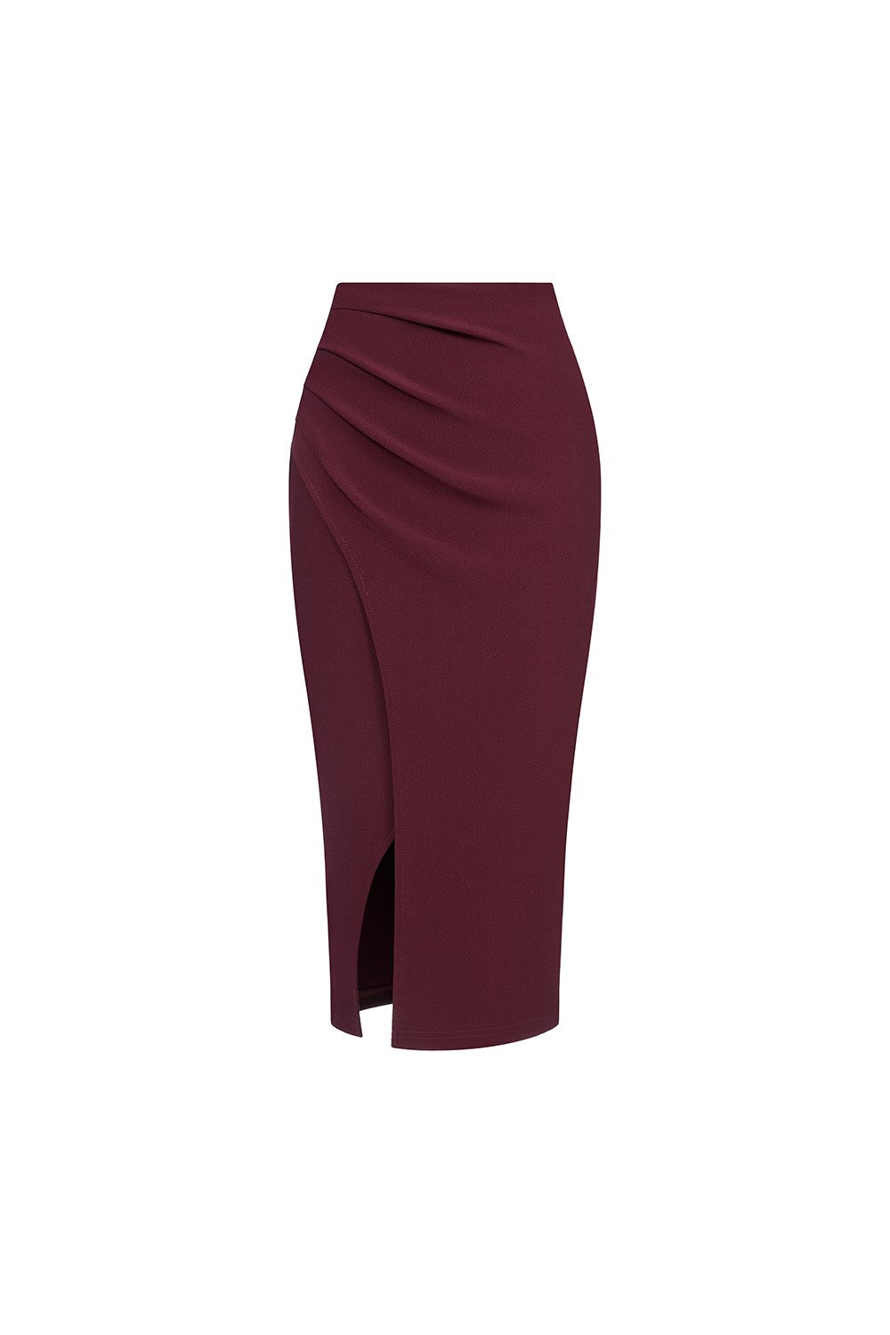 Edna Asymmetrical Ruched Pencil Skirt in Burgundy