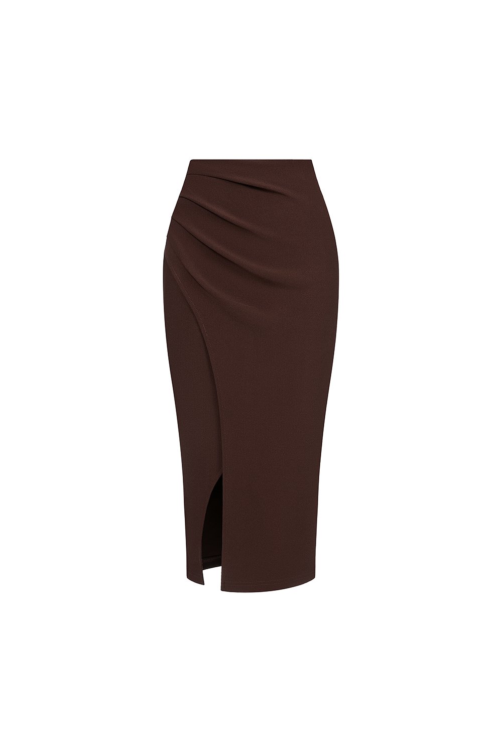 Edna Asymmetrical Ruched Pencil Skirt in Chocolate
