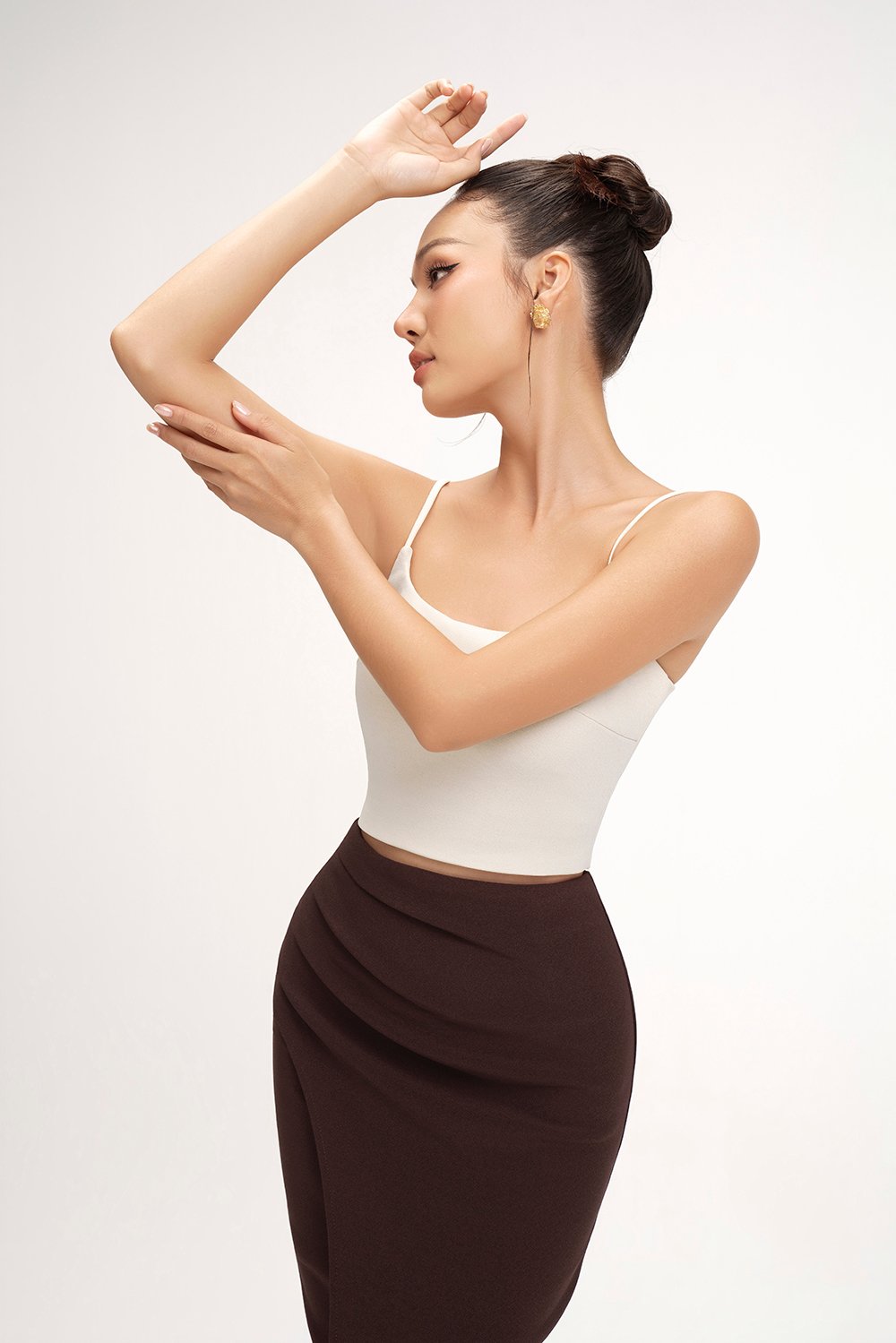 Edna Asymmetrical Ruched Pencil Skirt in Chocolate
