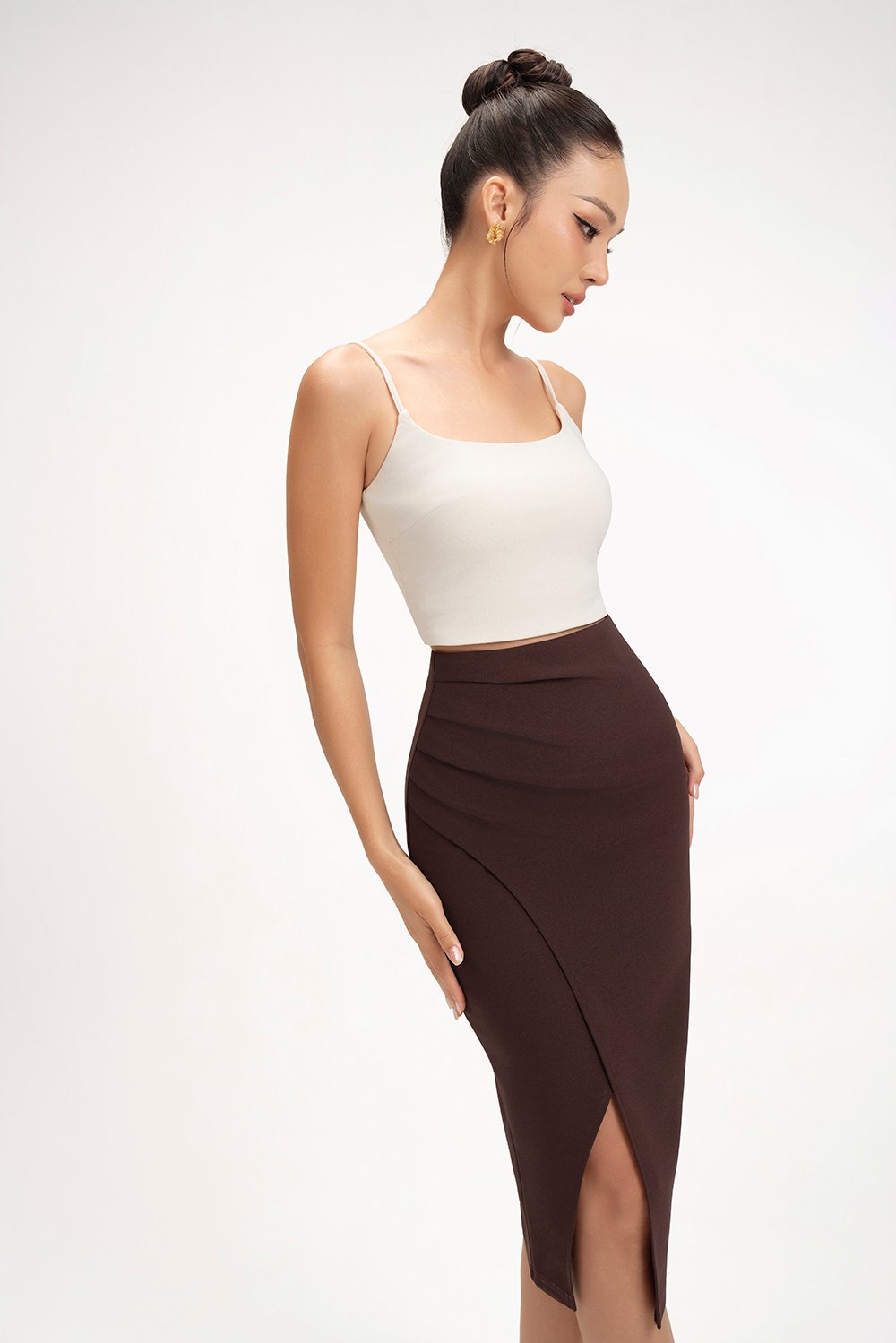 Edna Asymmetrical Ruched Pencil Skirt in Chocolate