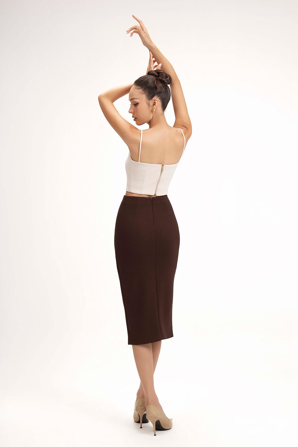 Edna Asymmetrical Ruched Pencil Skirt in Chocolate