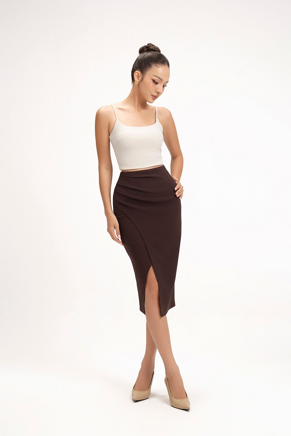 Edna Asymmetrical Ruched Pencil Skirt in Chocolate