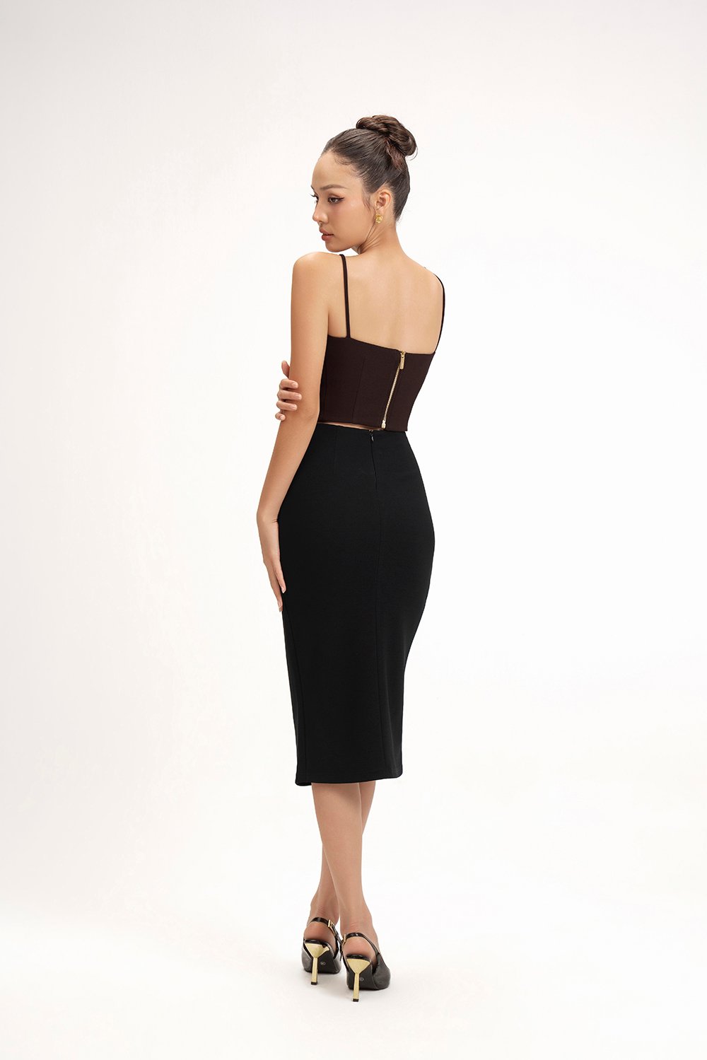 Edna Asymmetrical Ruched Pencil Skirt in Classic Black