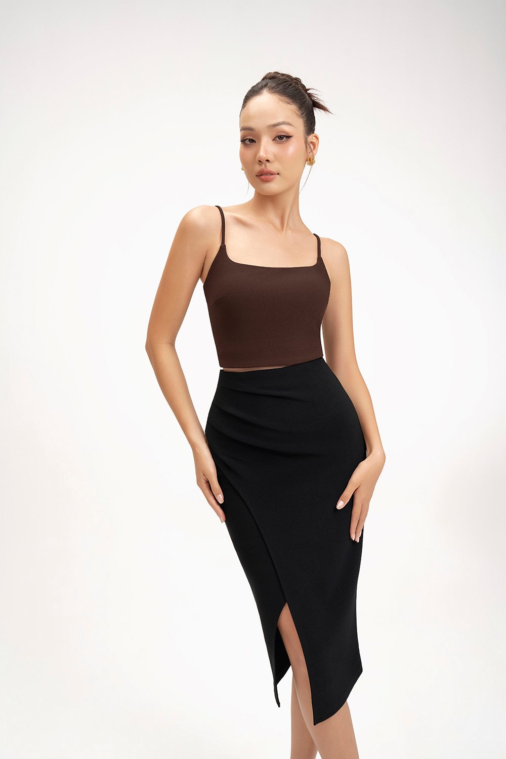 Edna Asymmetrical Ruched Pencil Skirt in Classic Black