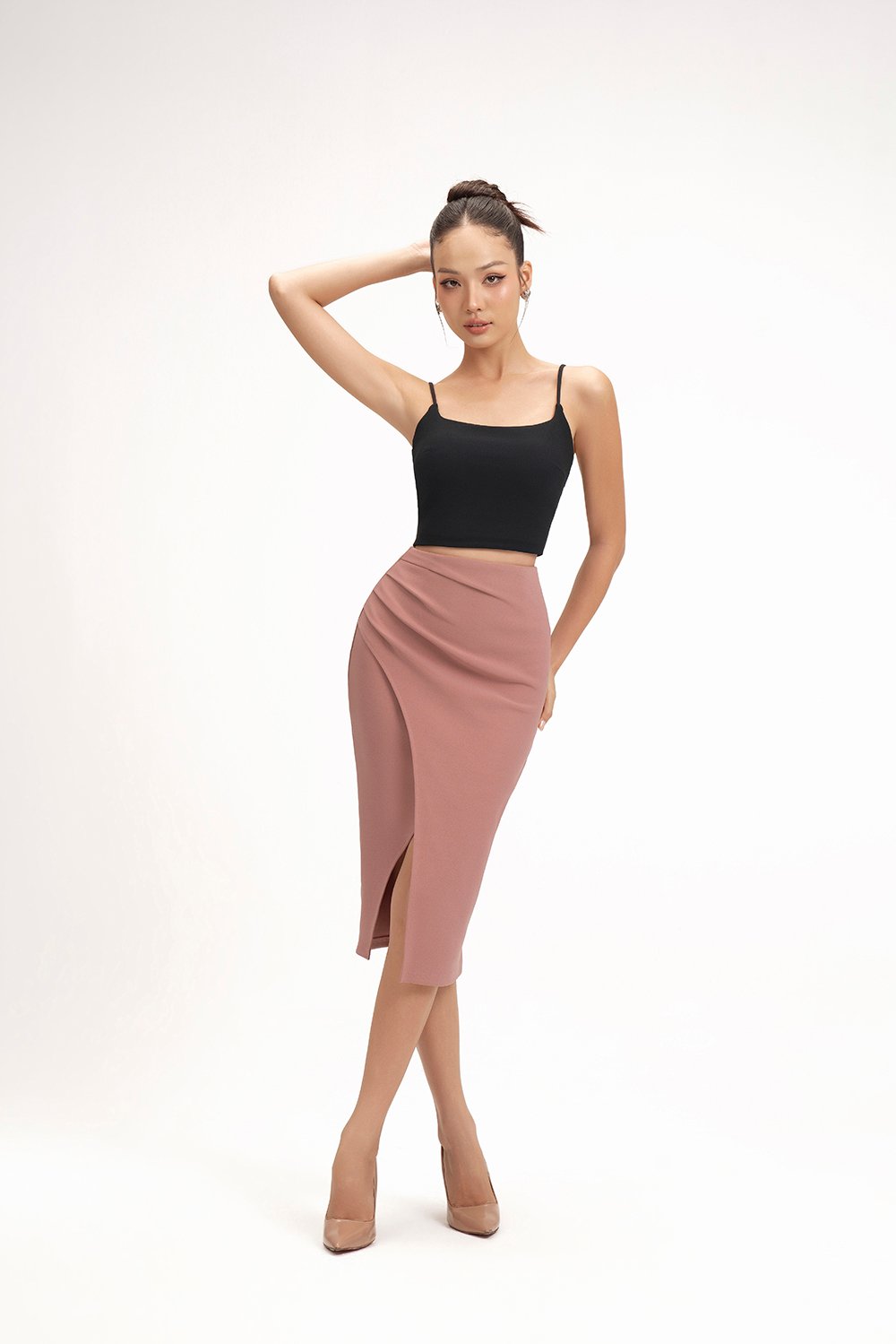 Edna Asymmetrical Ruched Pencil Skirt in Dusty Rose
