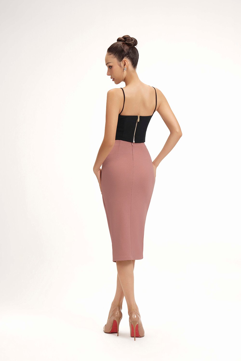 Edna Asymmetrical Ruched Pencil Skirt in Dusty Rose