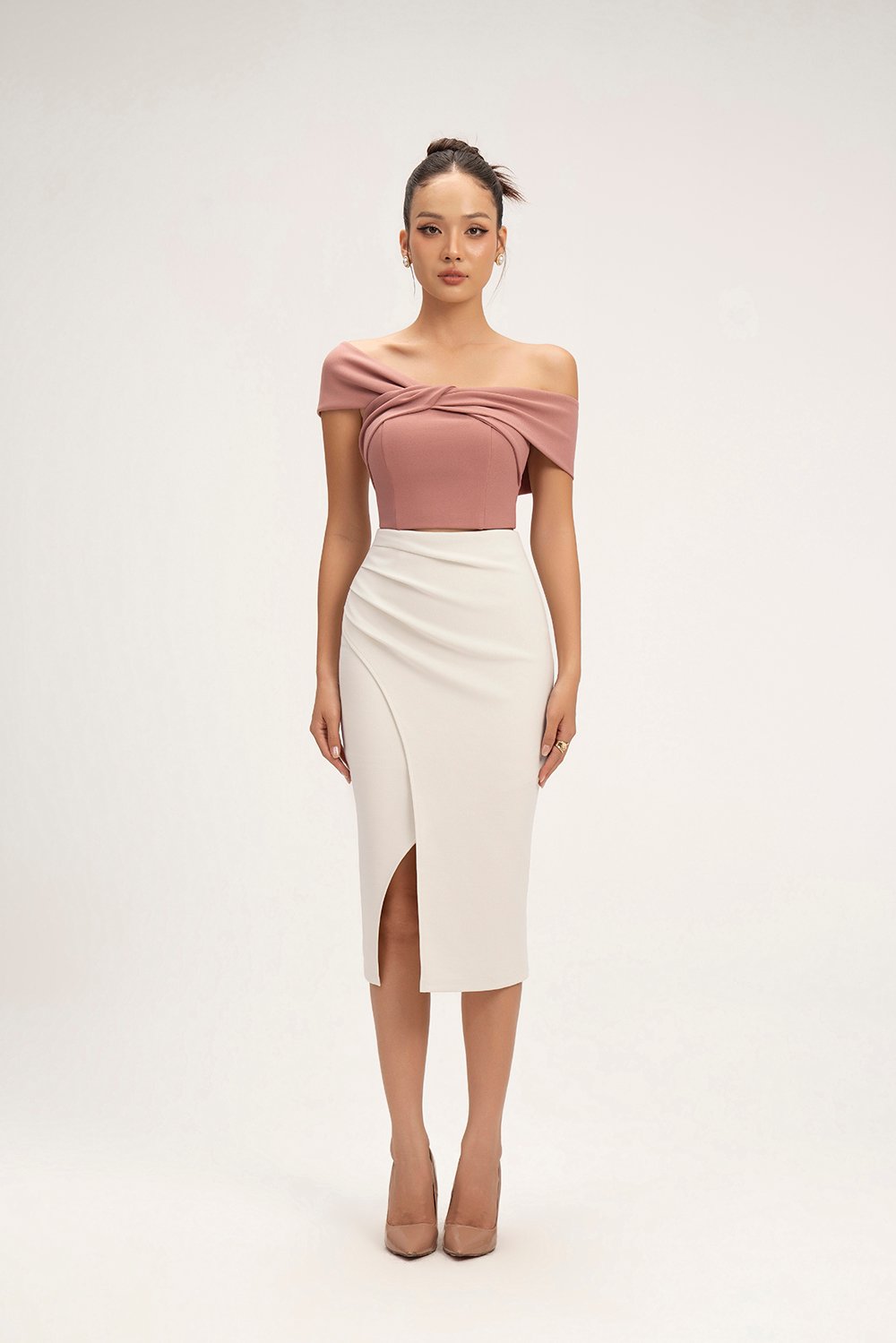 Edna Asymmetrical Ruched Pencil Skirt in Ivory