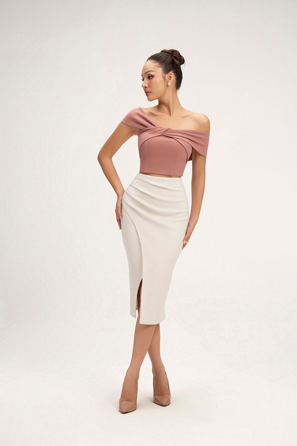 Edna Asymmetrical Ruched Pencil Skirt in Ivory