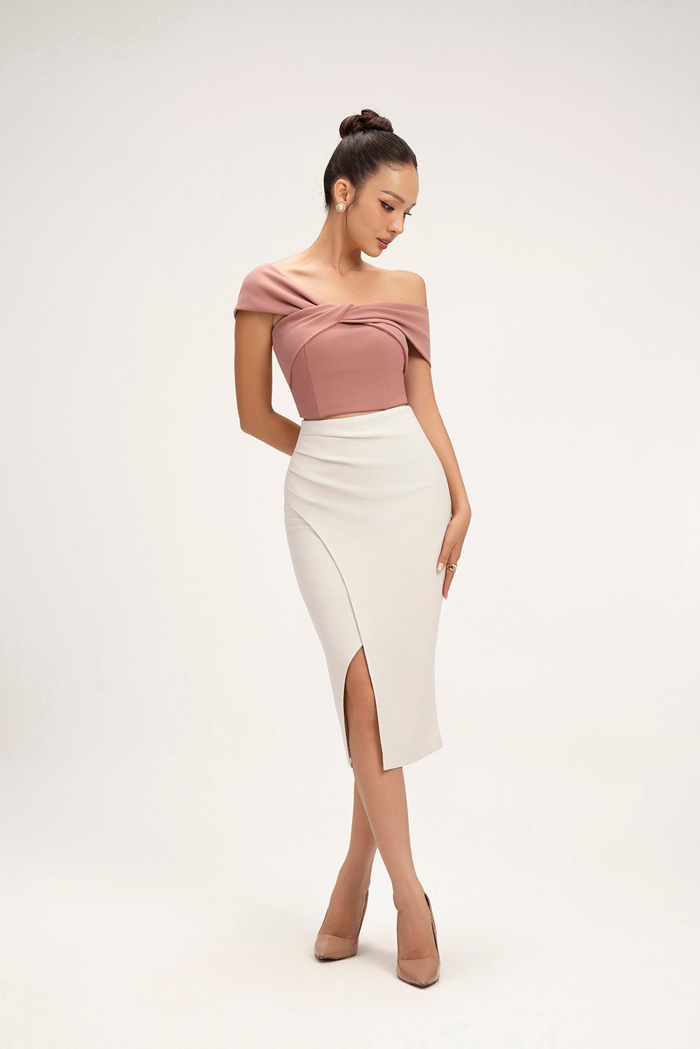 Edna Asymmetrical Ruched Pencil Skirt in Ivory
