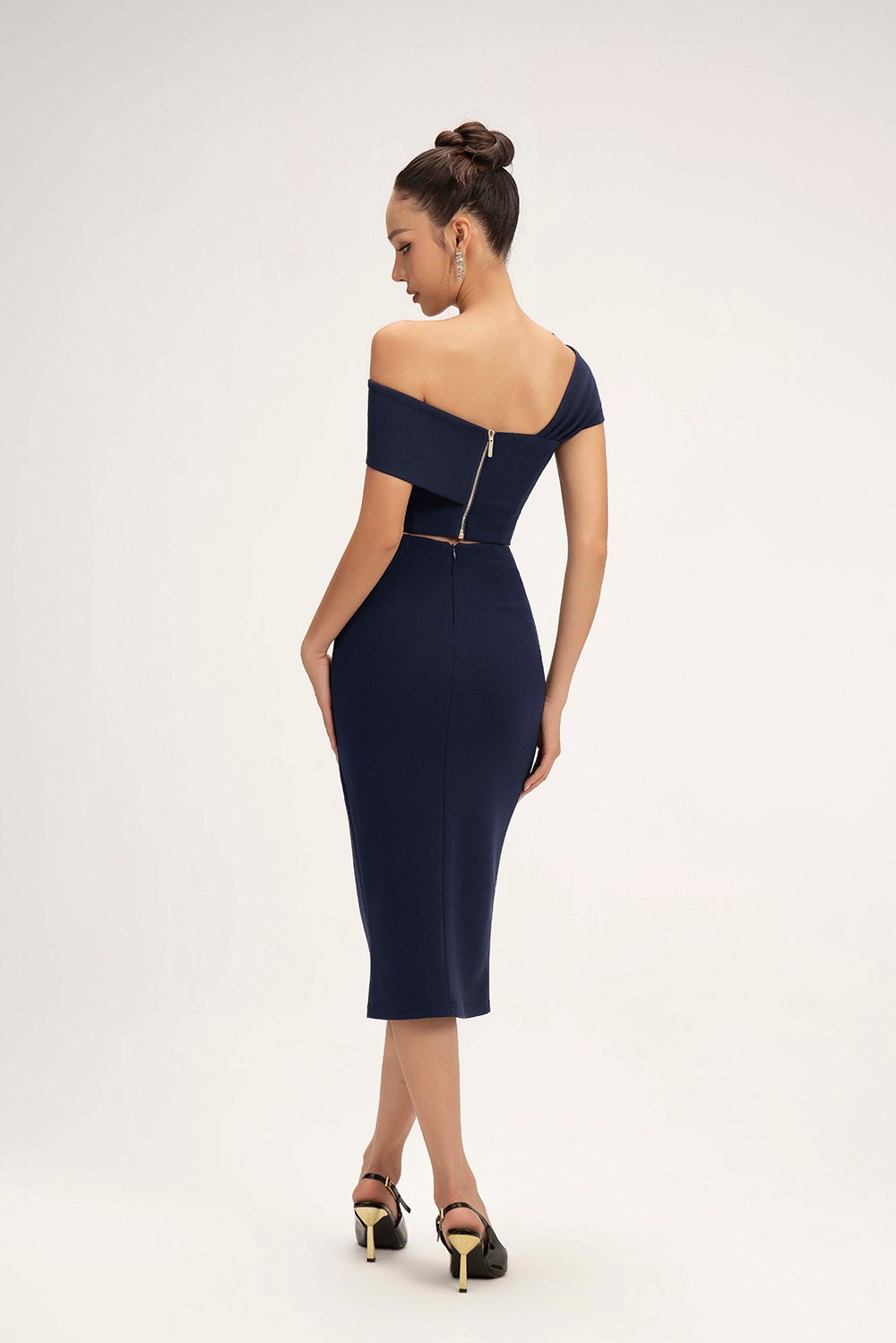Edna Asymmetrical Ruched Pencil Skirt in Navy Blue