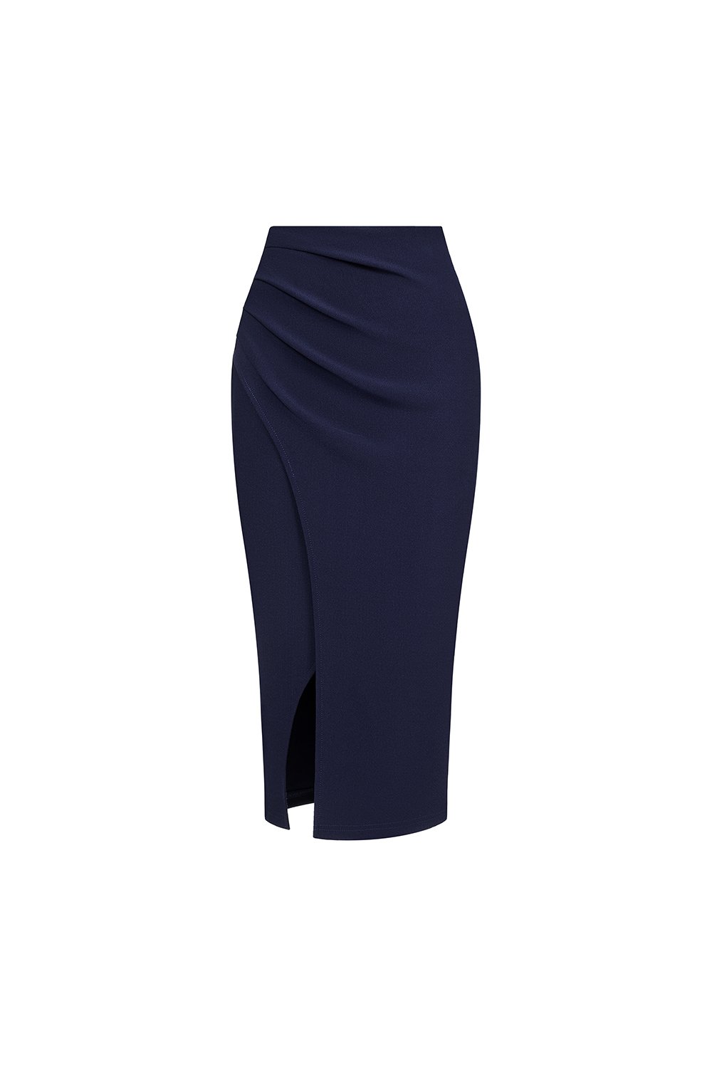 Edna Asymmetrical Ruched Pencil Skirt in Navy Blue