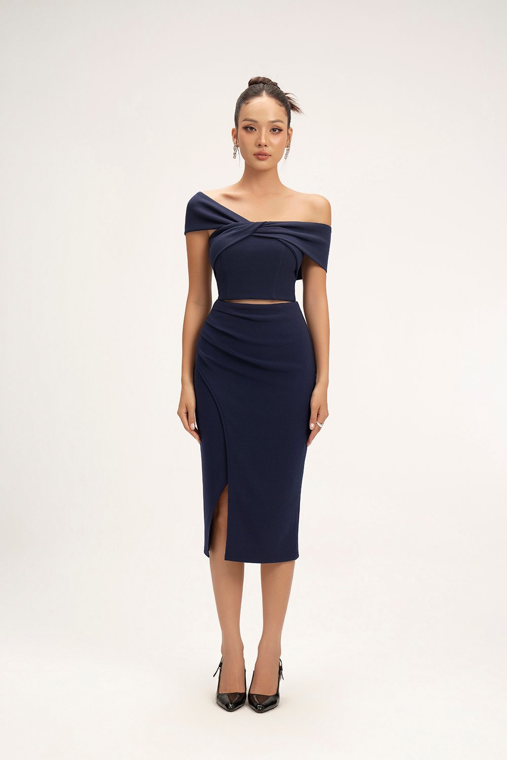 Edna Asymmetrical Ruched Pencil Skirt in Navy Blue