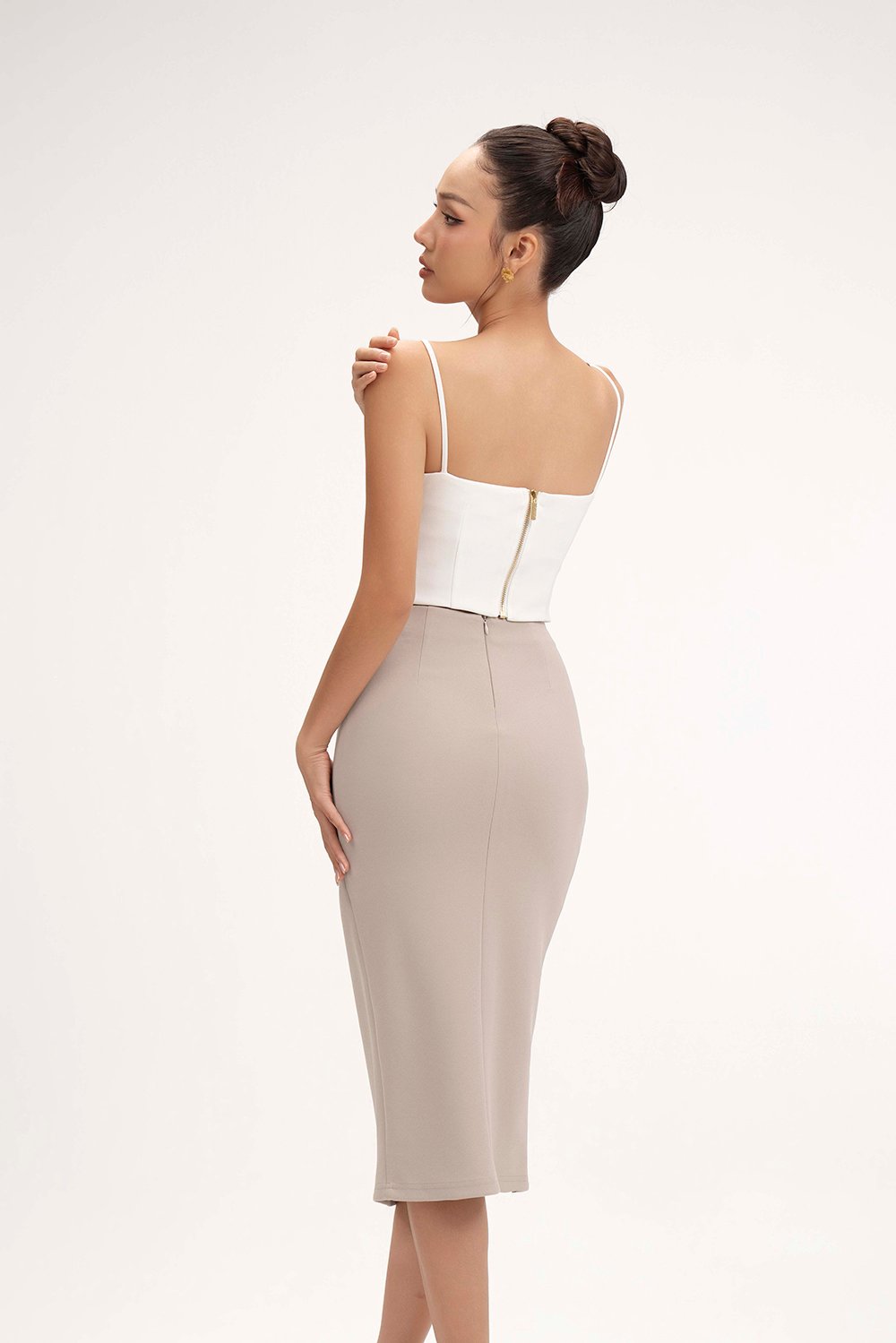 Edna Asymmetrical Ruched Pencil Skirt in Stone