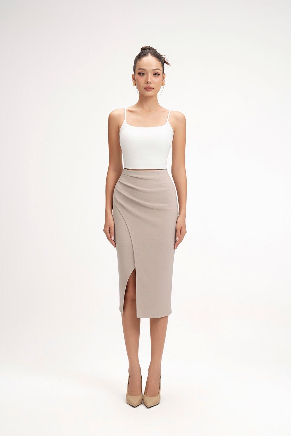 Edna Asymmetrical Ruched Pencil Skirt in Stone