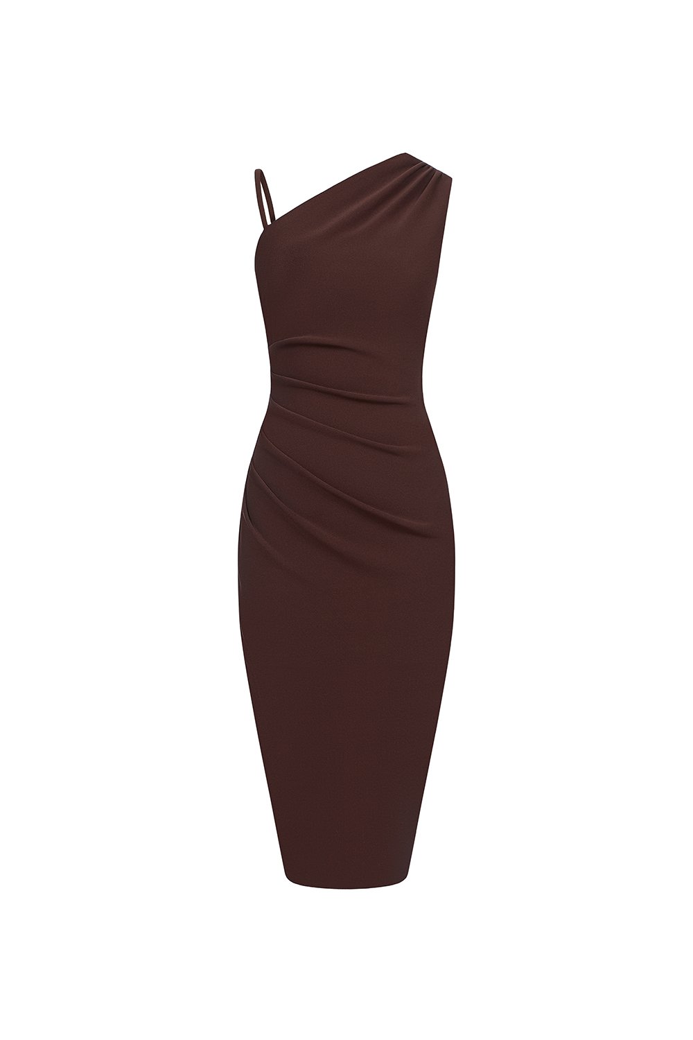 Gaia Padded Asymmetrical Ruched Midi Dress in Chocolate