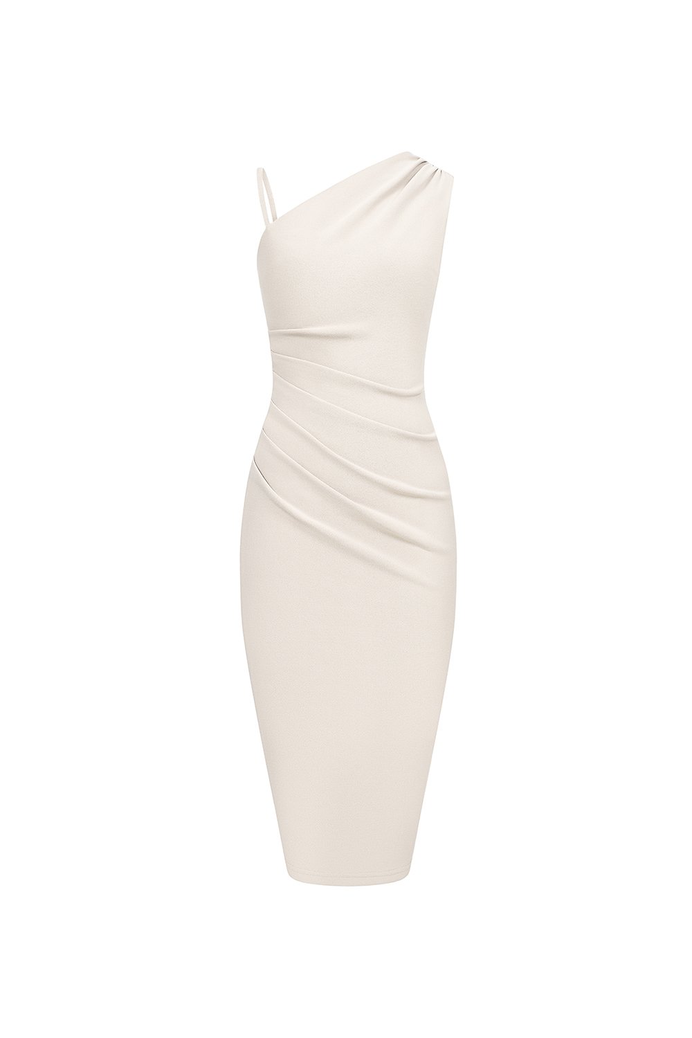Gaia Padded Asymmetrical Ruched Midi Dress in Ivory
