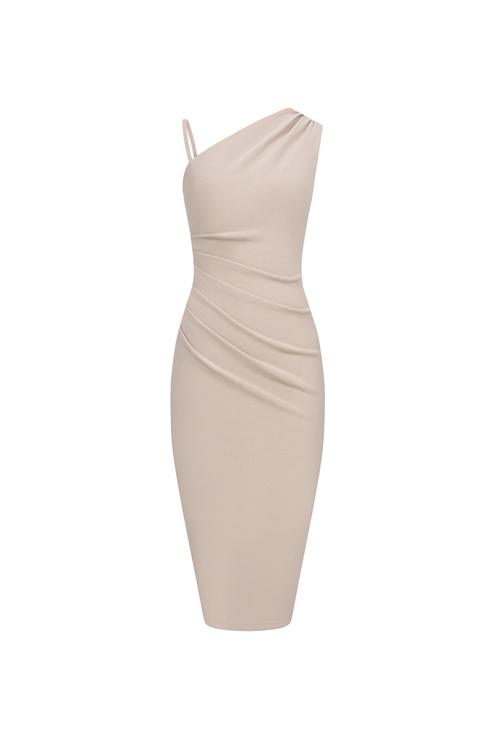 Gaia Padded Asymmetrical Ruched Midi Dress in Stone