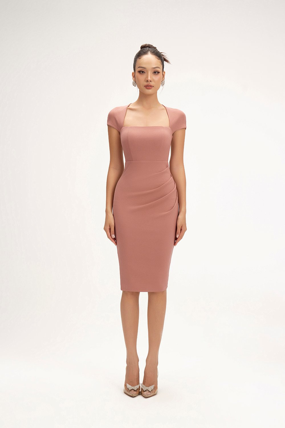 Nessa Padded Cap Sleeves Ruched Dress in Dusty Rose