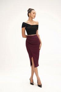 Edna Asymmetrical Ruched Pencil Skirt in Burgundy