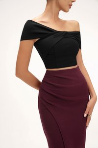 Edna Asymmetrical Ruched Pencil Skirt in Burgundy