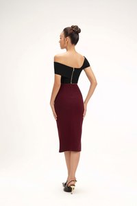 Edna Asymmetrical Ruched Pencil Skirt in Burgundy