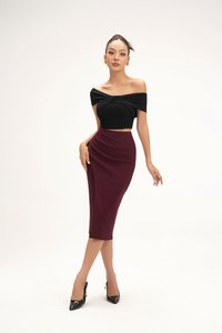 Edna Asymmetrical Ruched Pencil Skirt in Burgundy