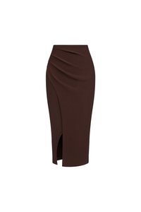 Edna Asymmetrical Ruched Pencil Skirt in Chocolate