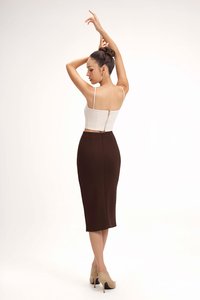 Edna Asymmetrical Ruched Pencil Skirt in Chocolate