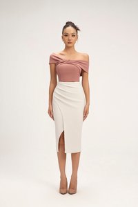 Edna Asymmetrical Ruched Pencil Skirt in Ivory