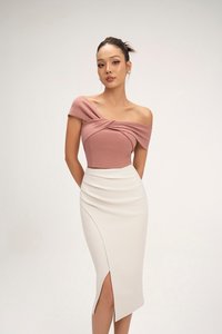 Edna Asymmetrical Ruched Pencil Skirt in Ivory