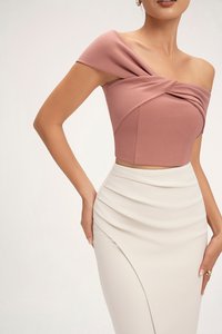 Edna Asymmetrical Ruched Pencil Skirt in Ivory