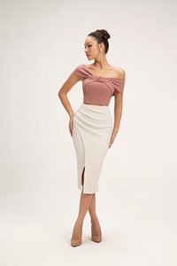 Edna Asymmetrical Ruched Pencil Skirt in Ivory