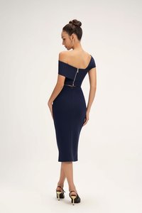 Edna Asymmetrical Ruched Pencil Skirt in Navy Blue