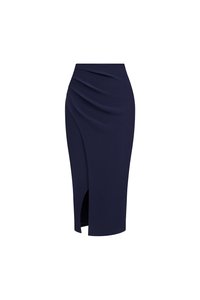 Edna Asymmetrical Ruched Pencil Skirt in Navy Blue